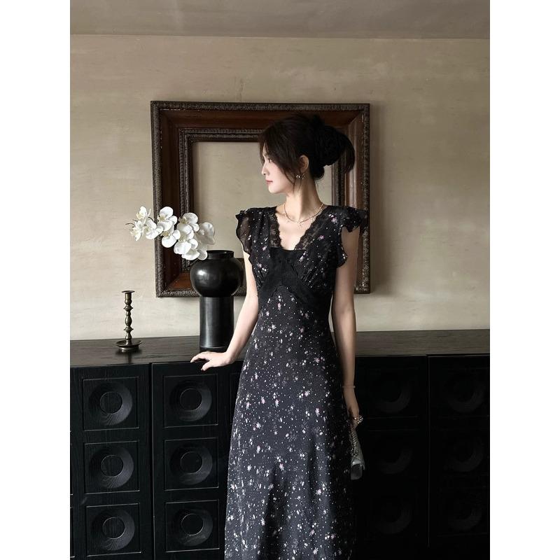 French Black Lace Suspender Floral Dress Children's Summer New High-end Temperament Pinched Waist Dress