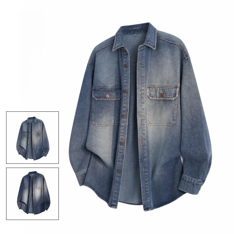 Versatile Coat Minimalist Solid Color Men's Long-sleeved Shirt Autumn Denim Lapel Loose Men's Jacket Jacket Men's Top Breathable Work Casual Jacket