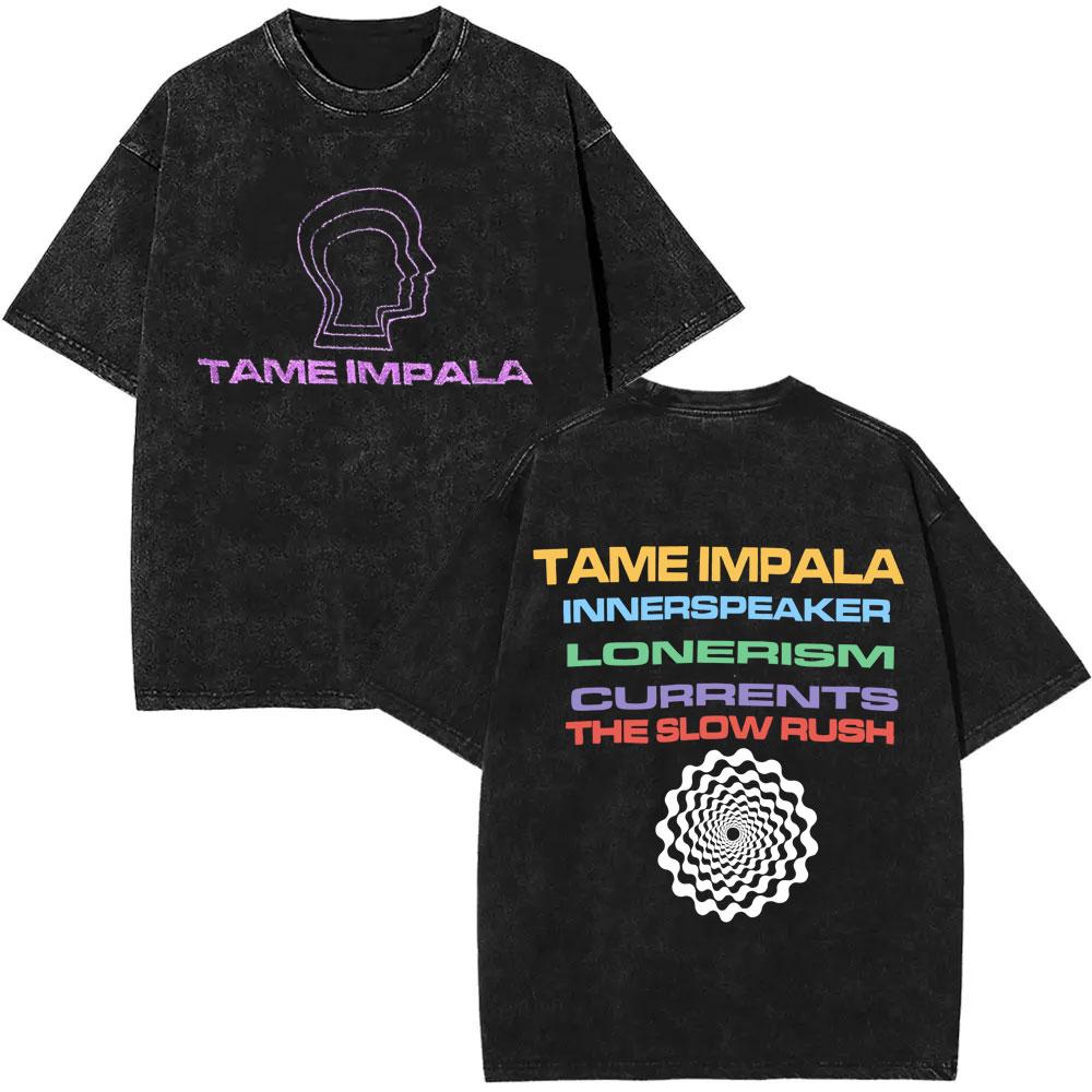 VintageWashed  Pop Rock Band Tame Impala Currents Graphic Print T Shirts Men Women Casual Cotton Oversized Short Sleeve Tshirt