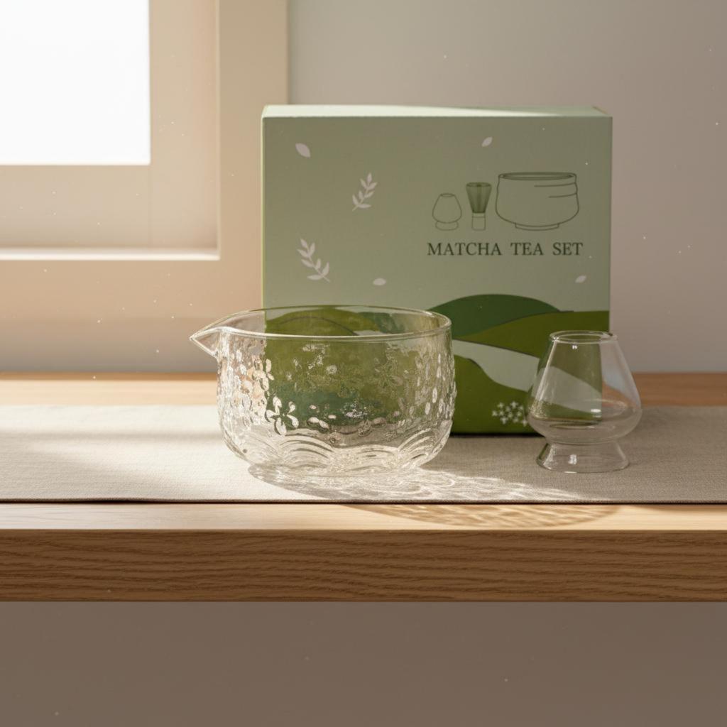 5 Pieces Glass Matcha Bowl and Whisk Set Flow Spout Design Japanese Matcha Tea Set Gift Ready for Beginners