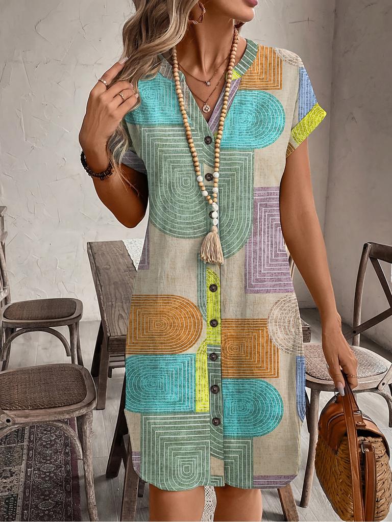 women's Geometric Print Short Sleeve Button Down Casual Dress V Neck Tunic Shift Dress