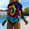 Women Long Sleeve One Piece Swimsuit Zip Front  Spiral Tie Dye Print Rash Guard Surfing Bathing Suit