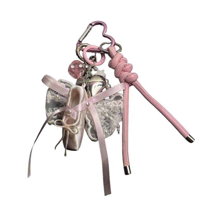 Elegant Ballet Slipper Charm with Bowknot Key Holder Handmade Phone Chain Cellphone Charm Keyring for Dance Lovers розовый