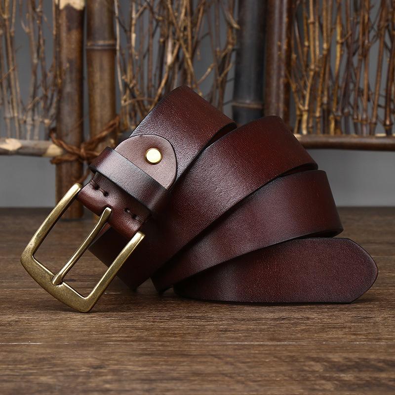 3.8CM Top Cow Genuine Leather Belts for Men Copper Buckle Fashion Style FULL GRAIN Male Belt for Jeans Cowhide Strap