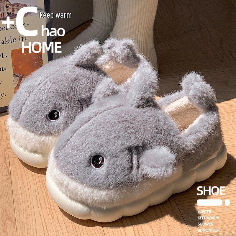 Men's and Women's Shark Cartoon Cotton Slippers: Non-slip, Plush, Thick-soled, Full Heel, Indoor/Outdoor Winter Warm Footwear
