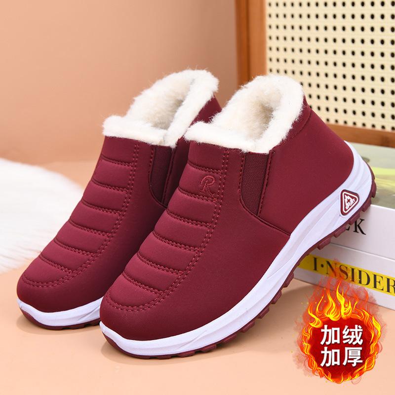Winterliche Damen-Baumwollschuhe, Damen-Samtstiefel mit dicker Sohle, flacher Sohle, rutschfest, warm, mittelhoch und kurz