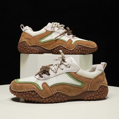 Damenschuhe Outdoor Atmungsaktives Mesh Flache Sohle Leicht Stoßdämpfend Tennis-Sneaker Herbst Obermaterial Leder Sportschuhe