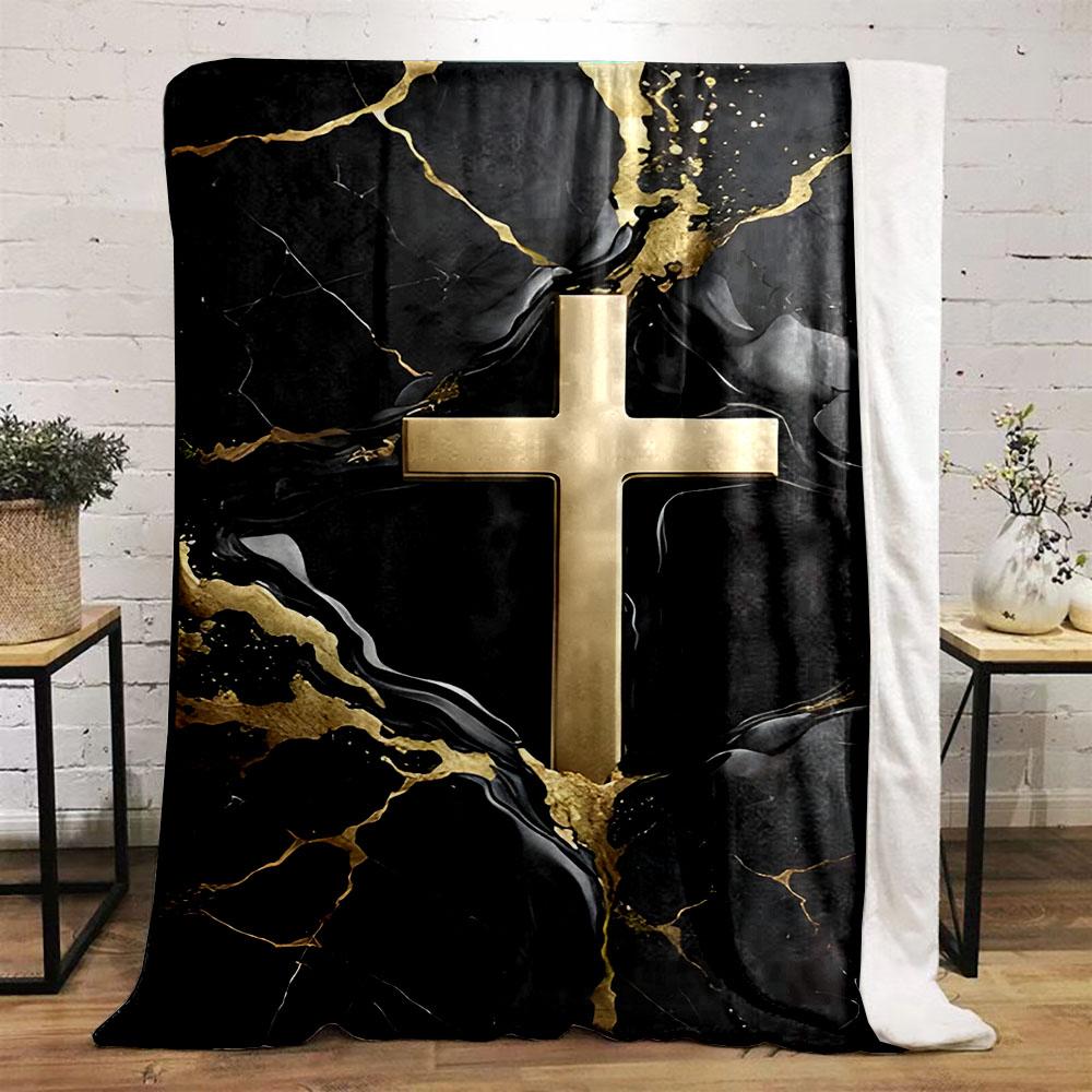 Golden Cross on Black Marble Design Patterned flannel blanket perfect for the bedroom living room, sofa, or a little nap