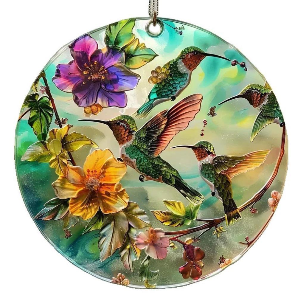Portable Acrylic Hummingbird Hanging Suncatcher Flat Round Window Pendant Ornament Colorful Garland Decoration Window