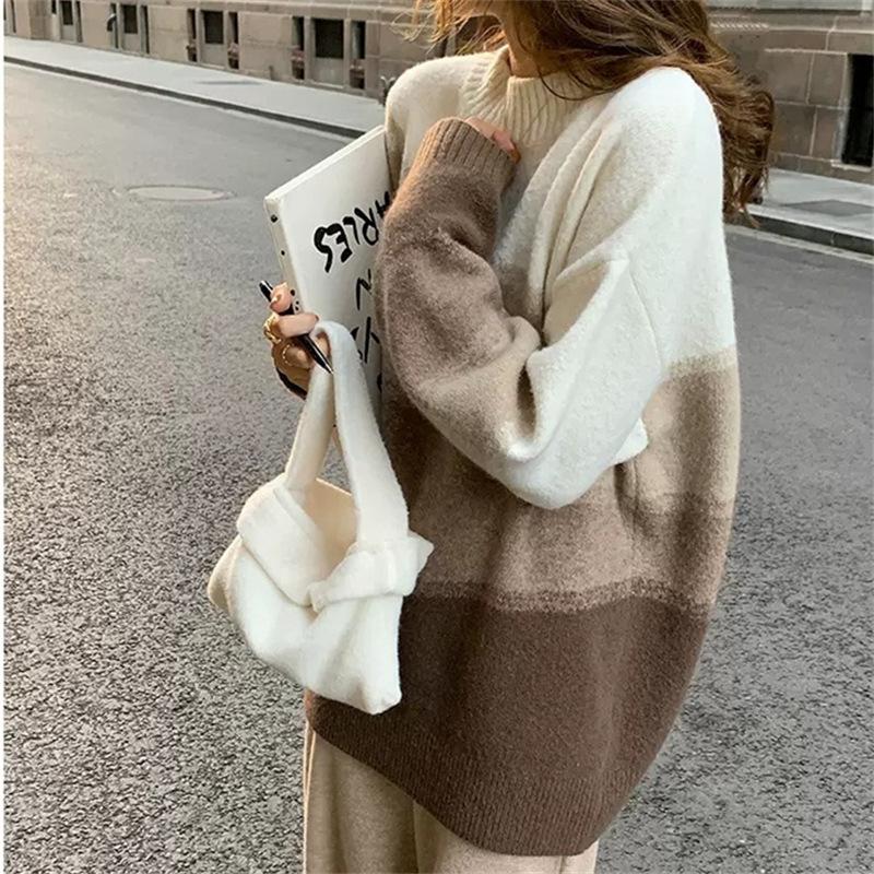 

Medium and long tops autumn and winter design sense large size gradual change lazy wind soft waxy knitted crew neck sweater women One Size кофейный