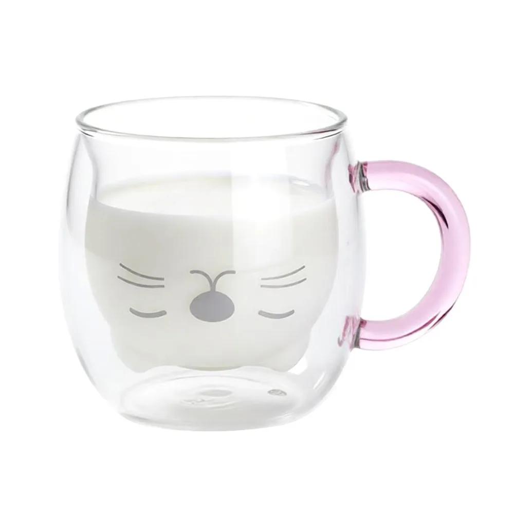 250-300ml Cat Mugs Double Glass Cup Large Capacity Portable Bear Cartoon Coffee Cup Tea Cups with Handle Glass Water Milk Mug