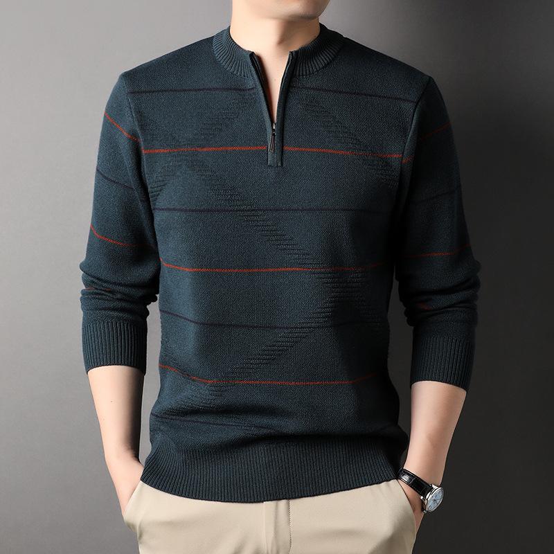 Men's Casual Striped Knit Sweater With 1/4 Zip, Long Sleeve Polyester & Acrylic Blend Top, Mature Style