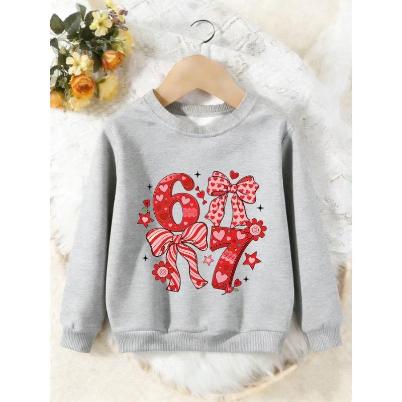 Unisex Kids Crewneck Sweatshirt, Red Heart Bow Number 67 Print Pullover, Boys Girls Cute Birthday Casual Sweatshirt For Kids Over 4 Years Old