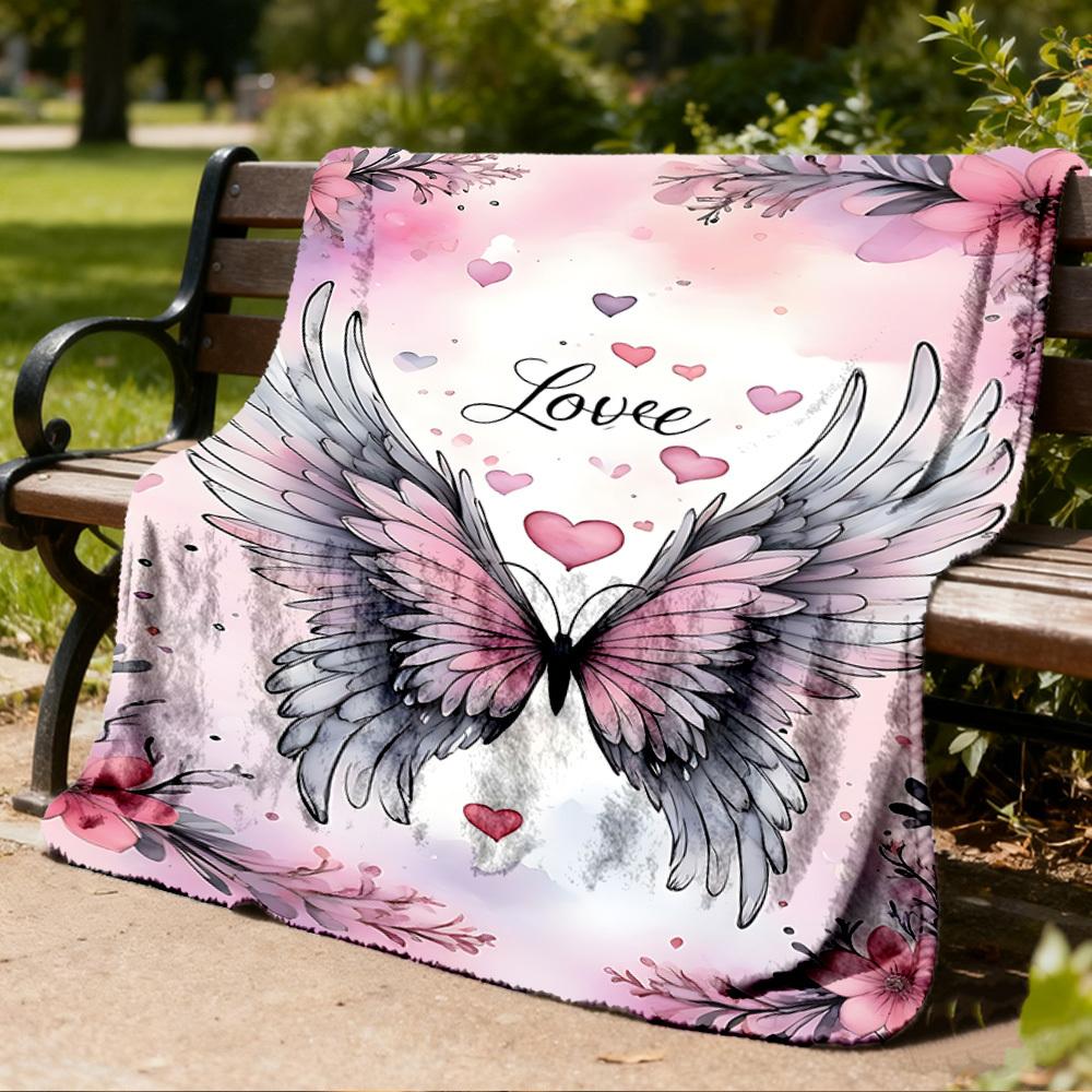 1pc Angel Wings Heart Love Outdoor Flannel Blanket , Machine Washable Perfect Gift for Birthday , Holiday Travel Accessory , Durable Material