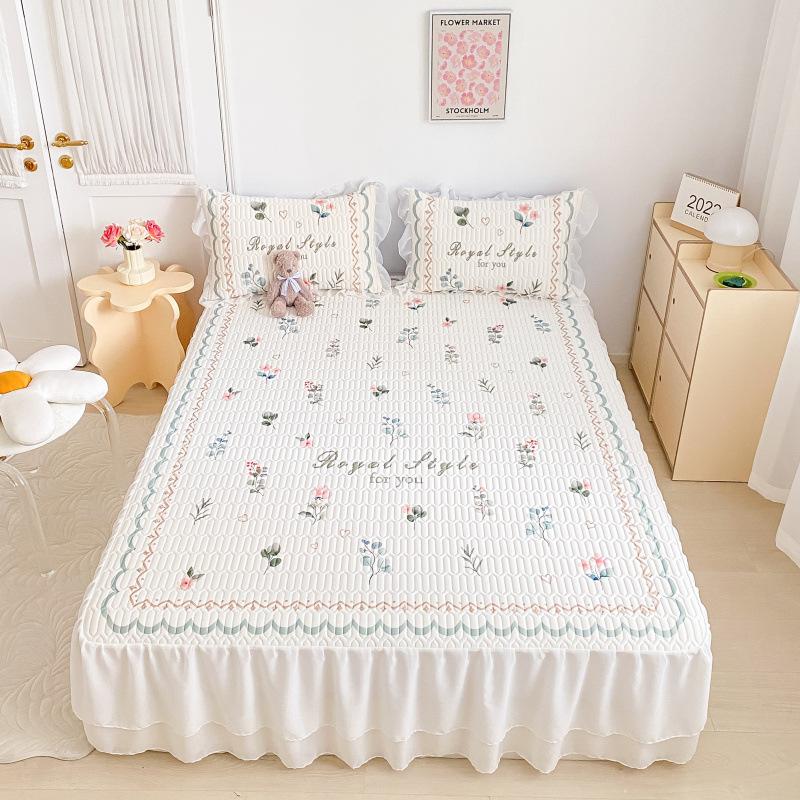 Παχύ στρώμα ύπνου από λάτεξ, σετ τριών τεμαχίων με βολάν κρεβατιού, μικρό φρέσκο, υψηλής ποιότητας δαντέλα σιφόν, πλένεται και διπλώνεται.