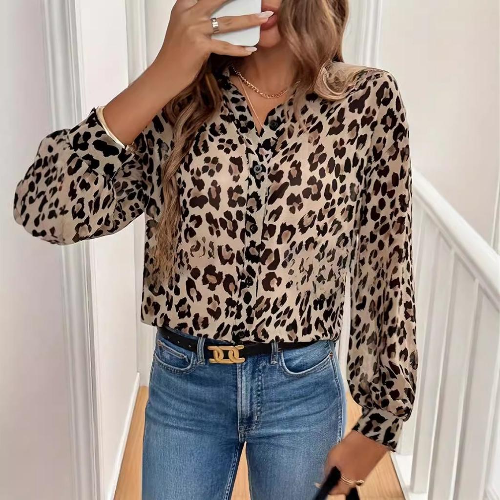 New Elegant Leopard Print Long Sleeve Loose Blouse Top for Women, Casual Shirt for European American Crossborder