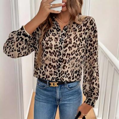 New Elegant Leopard Print Long Sleeve Loose Blouse Top for Women, Casual Shirt for European American Crossborder