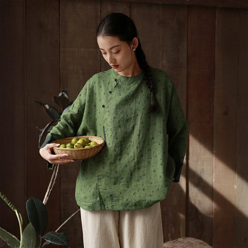 Johnature Women Vintage Shirts Print Floral O-Neck Long Sleeve Blouses Spring Button Chinese Style Shirts