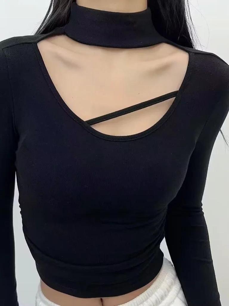 Women's Retro Halter Neck Long Sleeve Fleece Lined Top