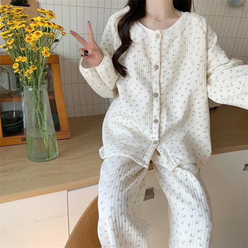 Ropa de dormir floral para mujer, conjuntos de pijama, conjunto de pantalones de pijama de invierno, 2 piezas, bonitos trajes de dormir de encaje, cálido traje de casa para dormir