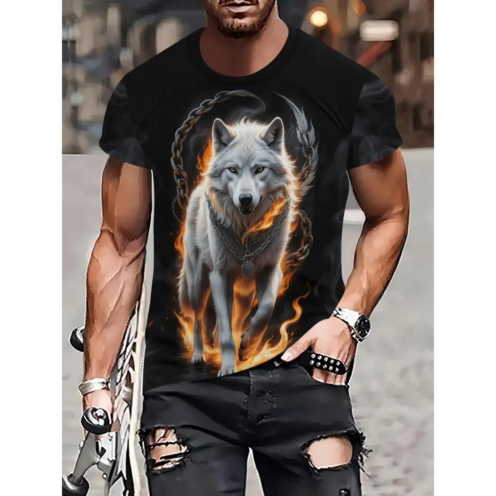 Men 3D Pattern Fire Wolf Graphic Print T-Shirt Summer Oversized Causal T-Shiet Men's Fashion Fitness Short Sleeve Clothing Tops