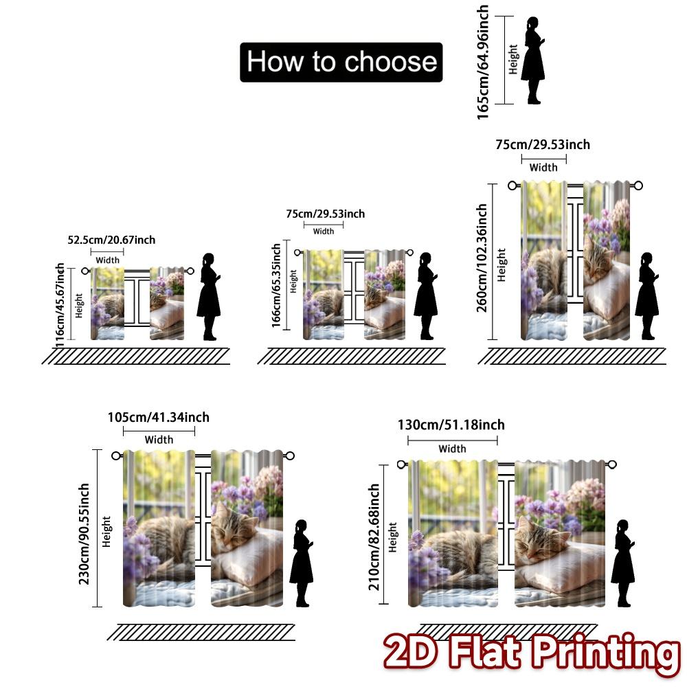Set Of 2 Modern Flat Printing Curtains Without Rod Cozy Cat Dreams Prints Curtain With Sheer Polyester