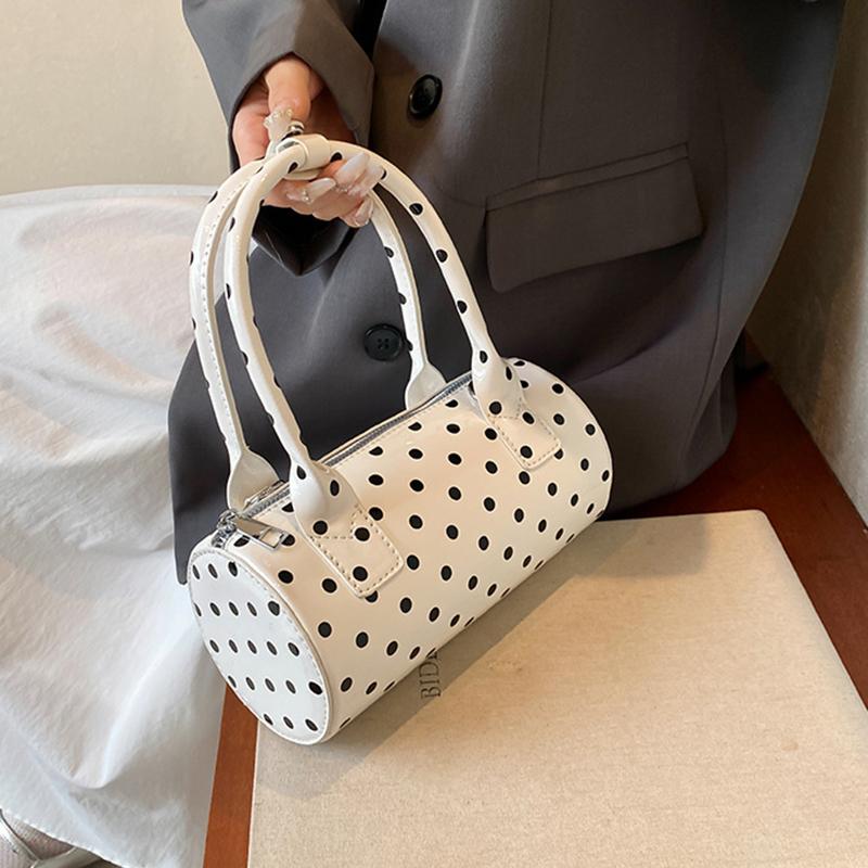 Chic Black & White Polka Dot Stylish Cylinder Crossbody Bag Braided Handle PU Leather Zip Closure Versatile Messenger Bag for Women AVE