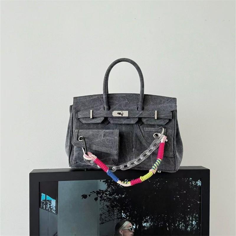 Vintage Distressed Canvas Tote Bag With Rope Detail Unisex Small Shoulder Handbag Black Grey Blue Brown