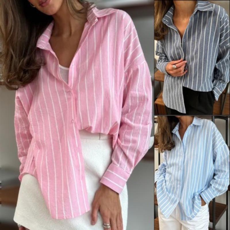Women Loose Long Sleeve Striped Cardigan Shirt Blouse Outerwear
