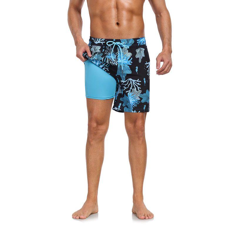 Men's Double-Layer Printed Beach Shorts Drawstring Swim Trunks