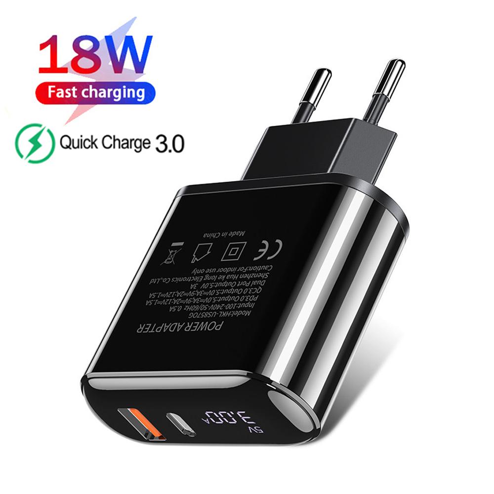 18W Quick Charge 3.0 USB Charger PD Type C Digital Display Phone Charger Adapter For iPhone Travel Wall Charger