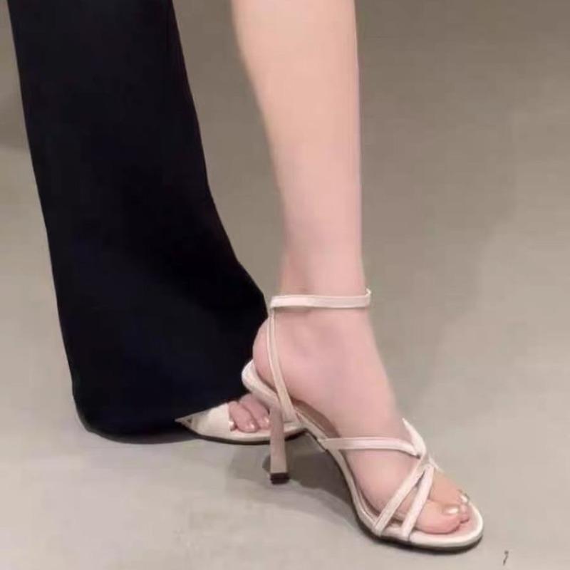 Summer Stiletto Sandals Women Fashion Round Head Open Toe Cross Thin Metal Buckle Non-slip Wear-resistant High Heels