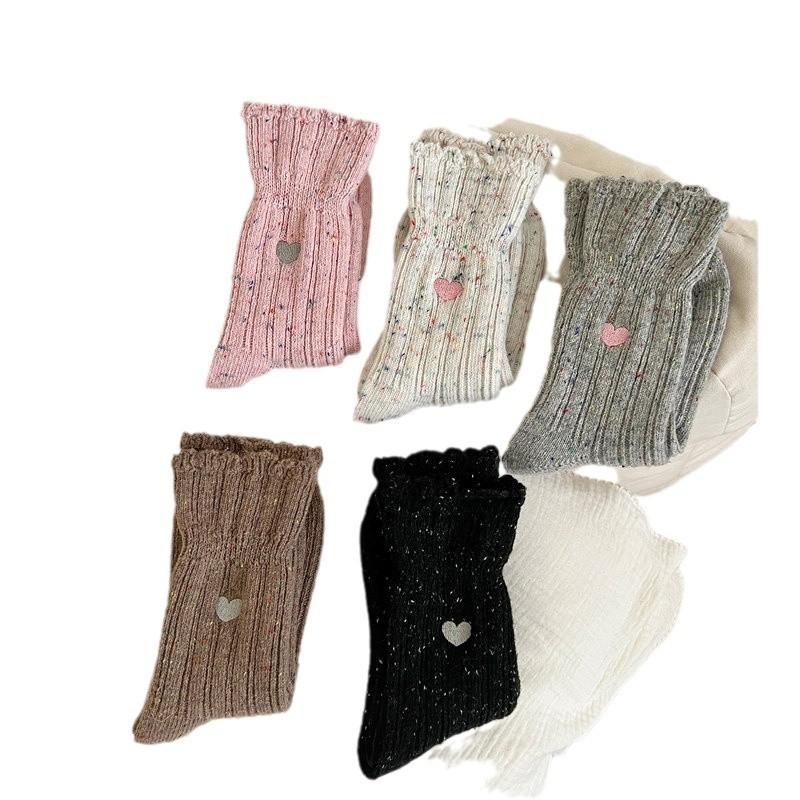Coarse Needle Dot Yarn Embroidered Love Socks Women'S Mid-Tube Socks Trendy Wool Vintage Pile Stockings