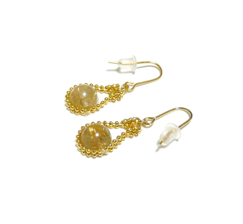 Horseshoe Rutilated Quartz Round Tone (8mm Bead) Earrings/Gold