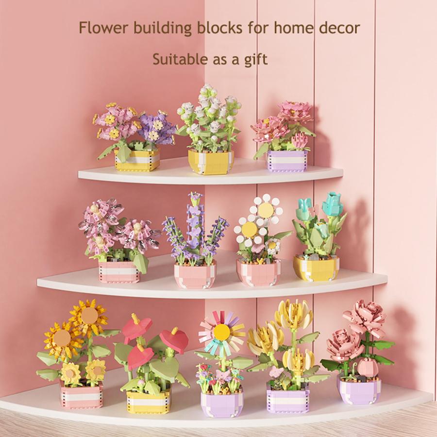 Mini Potted Building Block Sets Plastic Flowers Blocks Kids DIY Educational Toys Decoration For Home