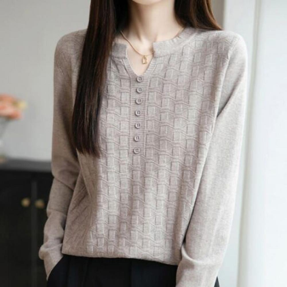 Navava Women Button Point Split Neck Long Sleeve Knit Tee Nk3322
