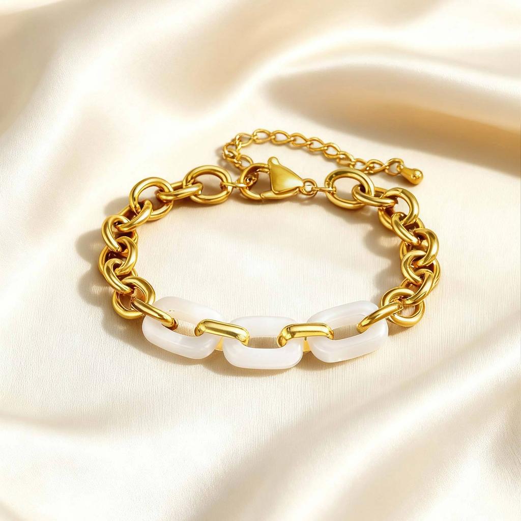 Fashion Women'S Wrist Jewelry Stainless Steel White Jade Splicing Chain Bracelet Gold Br-2678