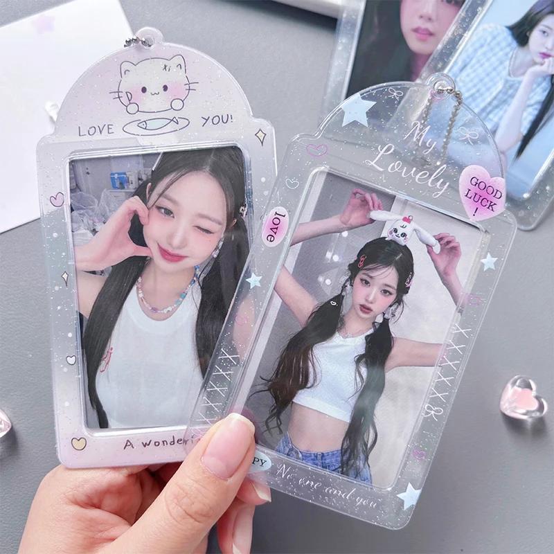 Transparent Glitter Hearts Photo Card Holder Kpop Meal Card Bus Card Sleeves Photocard Protective Cover Pendant 1PC