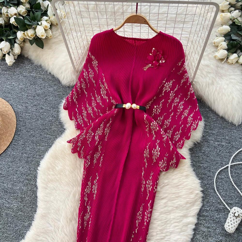 Jarní podzimní dámské elegantní 3D květinový tisk Miyake s přehybem a netopýřím rukávem, nadměrné volné skládané šaty s páskem