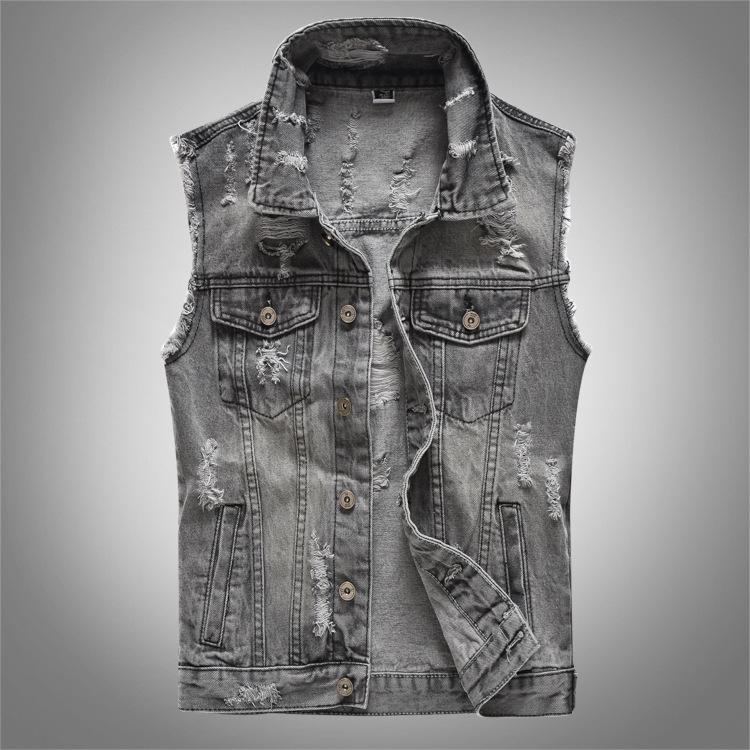 Men s Plus Size Grey Denim Motorcycle Vest - Korean Style, Casual, Trendy, for Spring, Summer, Autumn 5XL серый