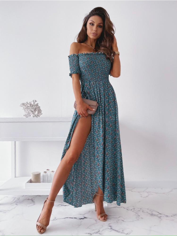 Women Summer Off Shoulder Floral Slim Slit Long Maxi Comfortable Dress Lightweight High Recognition Elegant with Flattering Chic Dress