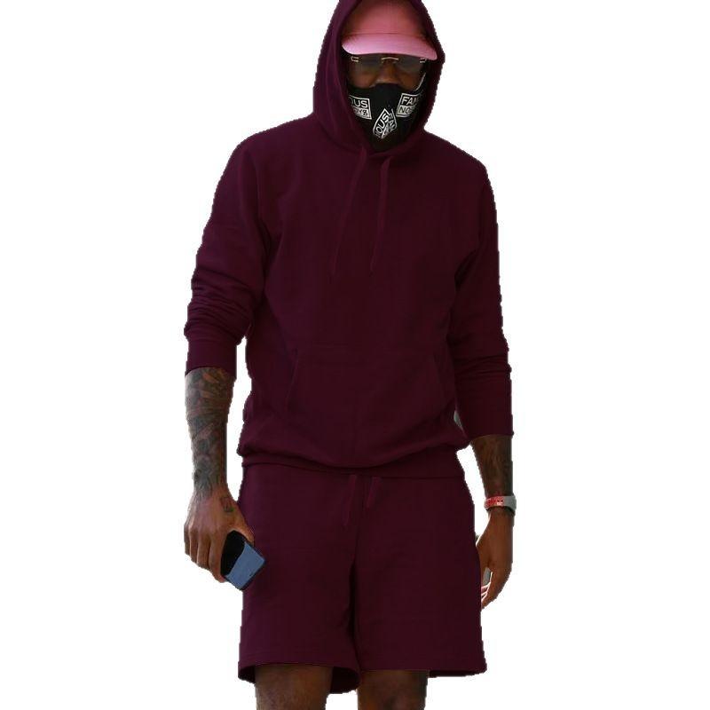 Men's Fleece Hoodie Shorts Two-piece Loose Solid Color Casual Sports Men's Suit
