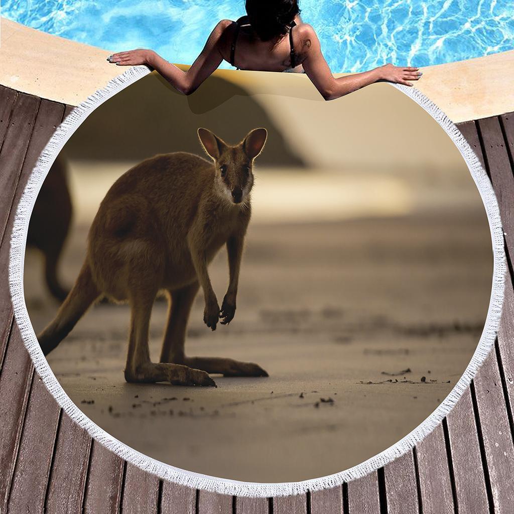 Kangaroo Round Beach Towel with Tassels, Microfiber Quick Dry Beach Blanket Sand Free Quick Dry Yoga Mat Circle Swim Pool Towel