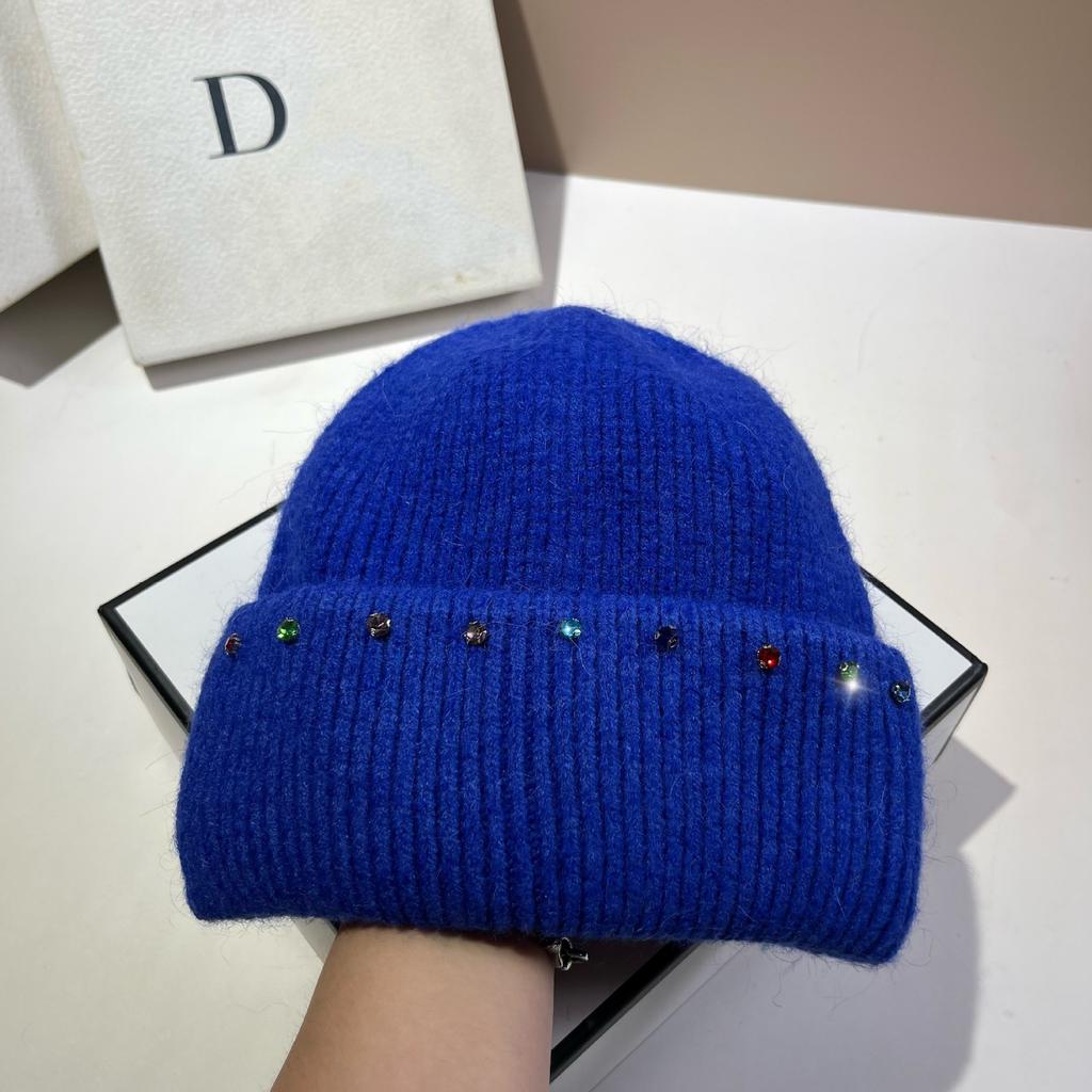 Russian Winter Warm Rabbit Hair Knitted Hat Celebrity Light Luxury Small Diamond Double Fold Wool Hat Women'S Outdoor Windproof
