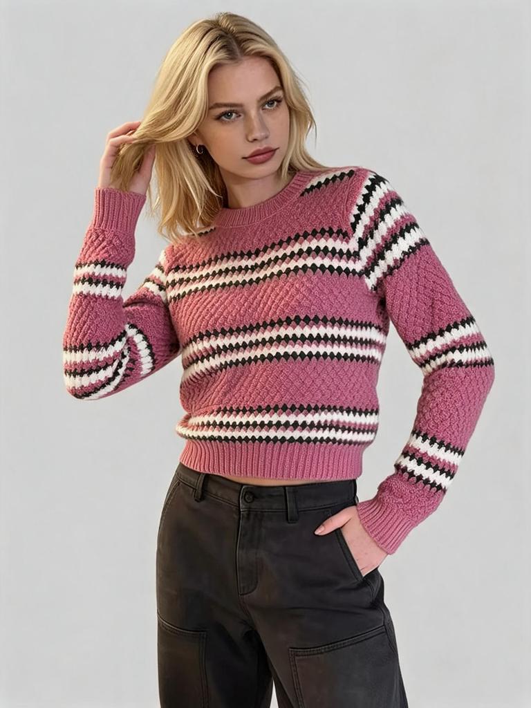 Winter New European and American Short Knit Sweater for Women, Crew Neck Striped Color-block Slimming Top