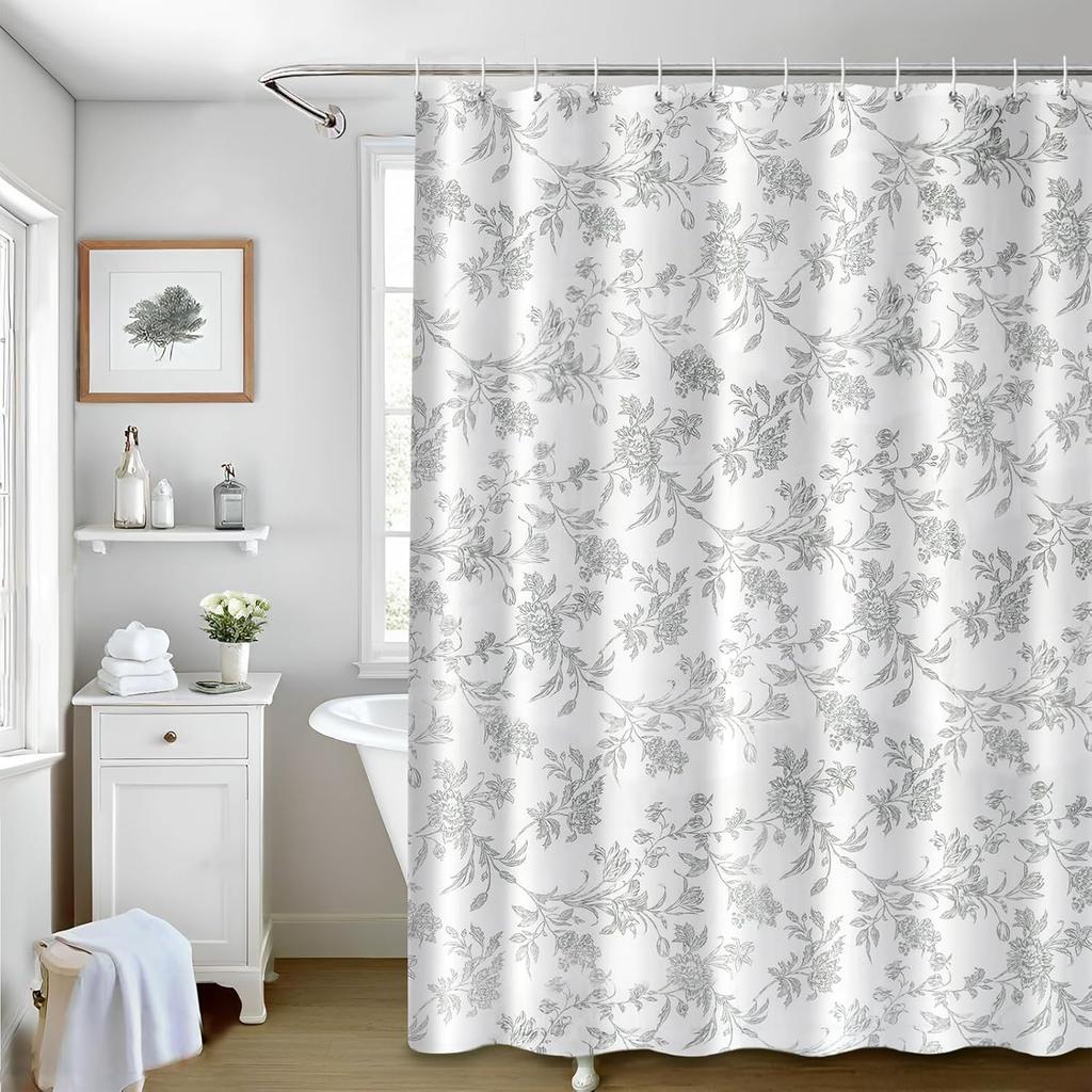 Blue Shower Curtain,Cotton Floral Cottagecore,Elegant Floral Fabric Shower Curtain Machine Washable Waterproof Bathroom Decor