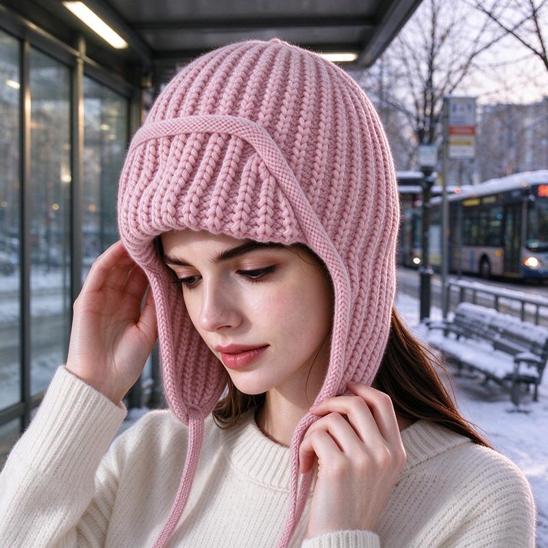 Neue Damen Herbst Winter Ohrklappen Strickwollmütze, Kordelzug Thermisch Warm Flieger Skimütze, Mode Vielseitig Outdoor Trooper Mütze
