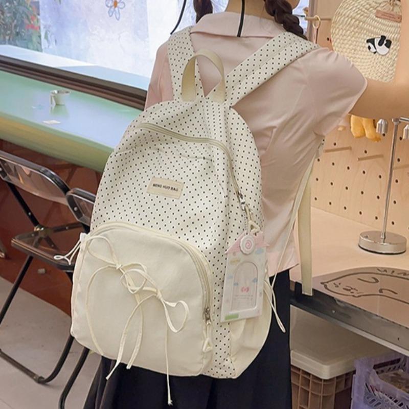 Mochilas de Lunares en Contraste para Mujer Mochila con Lazo Estilo Preppy Bolsa para Estudiante Coreana Linda Bolsas Mochila Bolsas con Cremallera Ins para Mujer