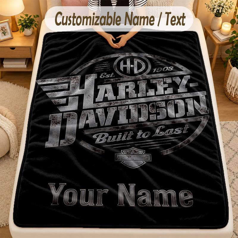 Flannel BlanketHarley-Davidson Custom Name Text Personalized Soft Warm Throw Blanket Home Decor Gift