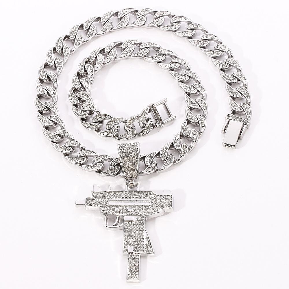 Einzigartiger Mode Große Waffe Iced Out Anhänger Cuban Link Kette Halskette, Silber/Gold Plated Hip Hop Iced Out Schmuck für Damen Party